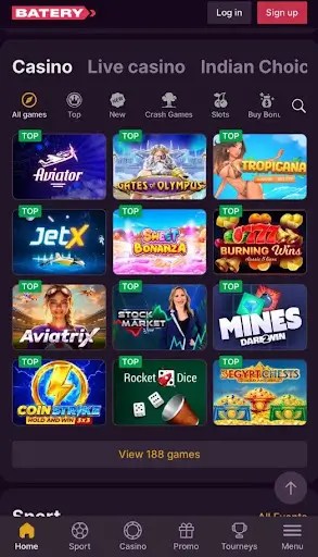 Battery app casino games section